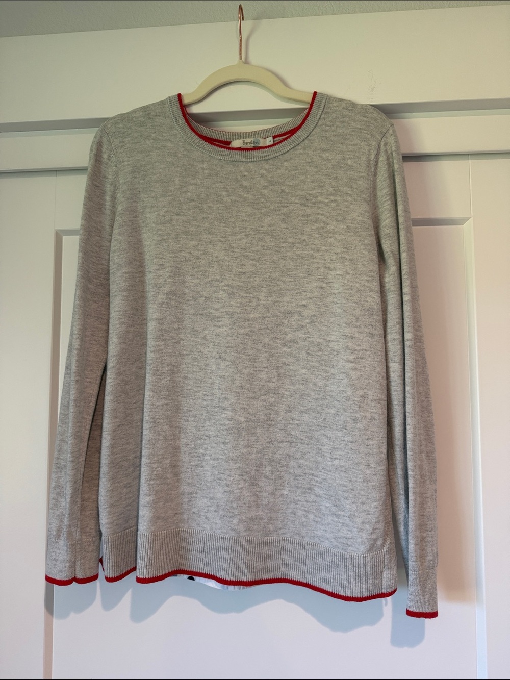 Boden Light Gray Crewneck Sweater with Red Trim